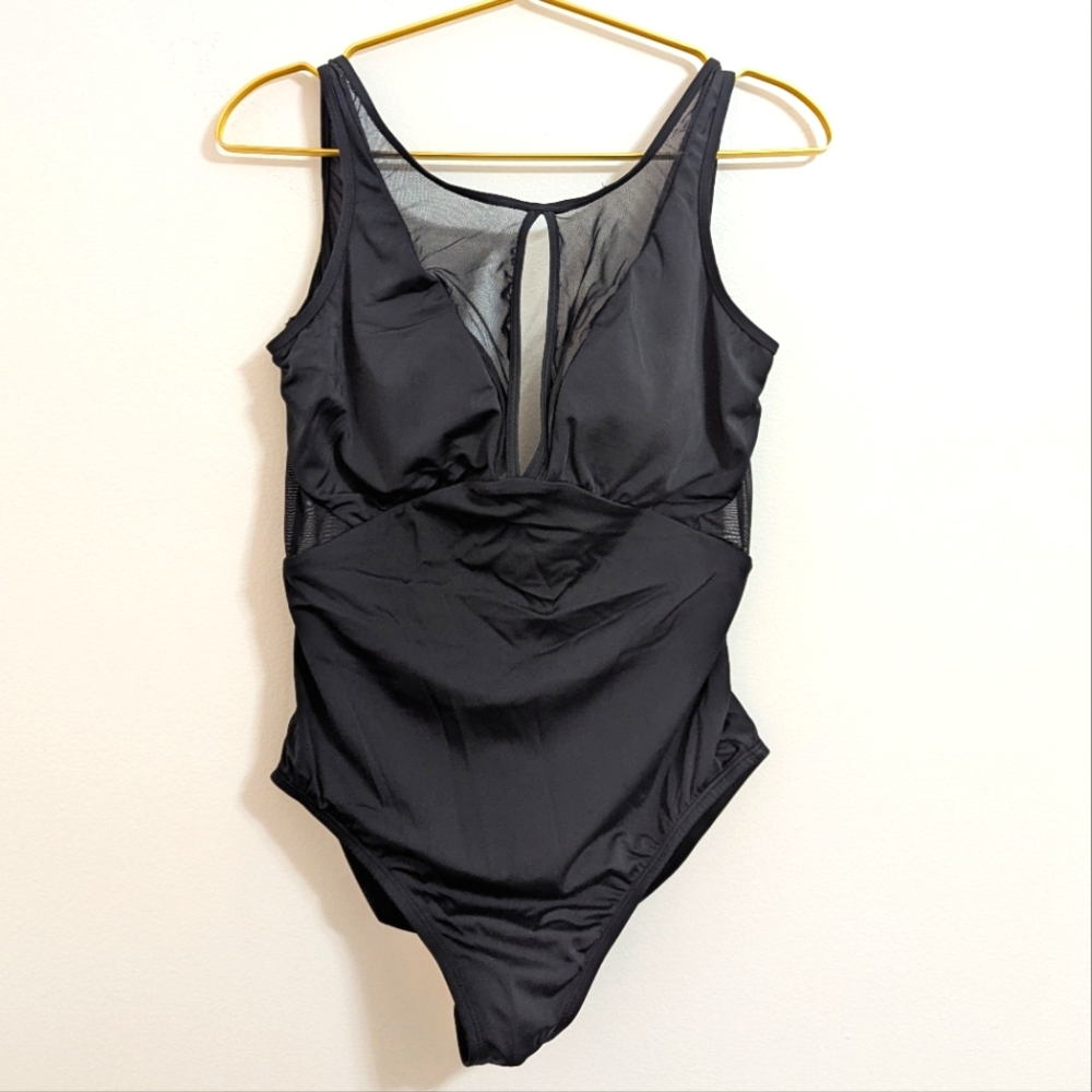 Time and Tru Black Mesh Swimsuit w/ Keyhole Cutout in the Front